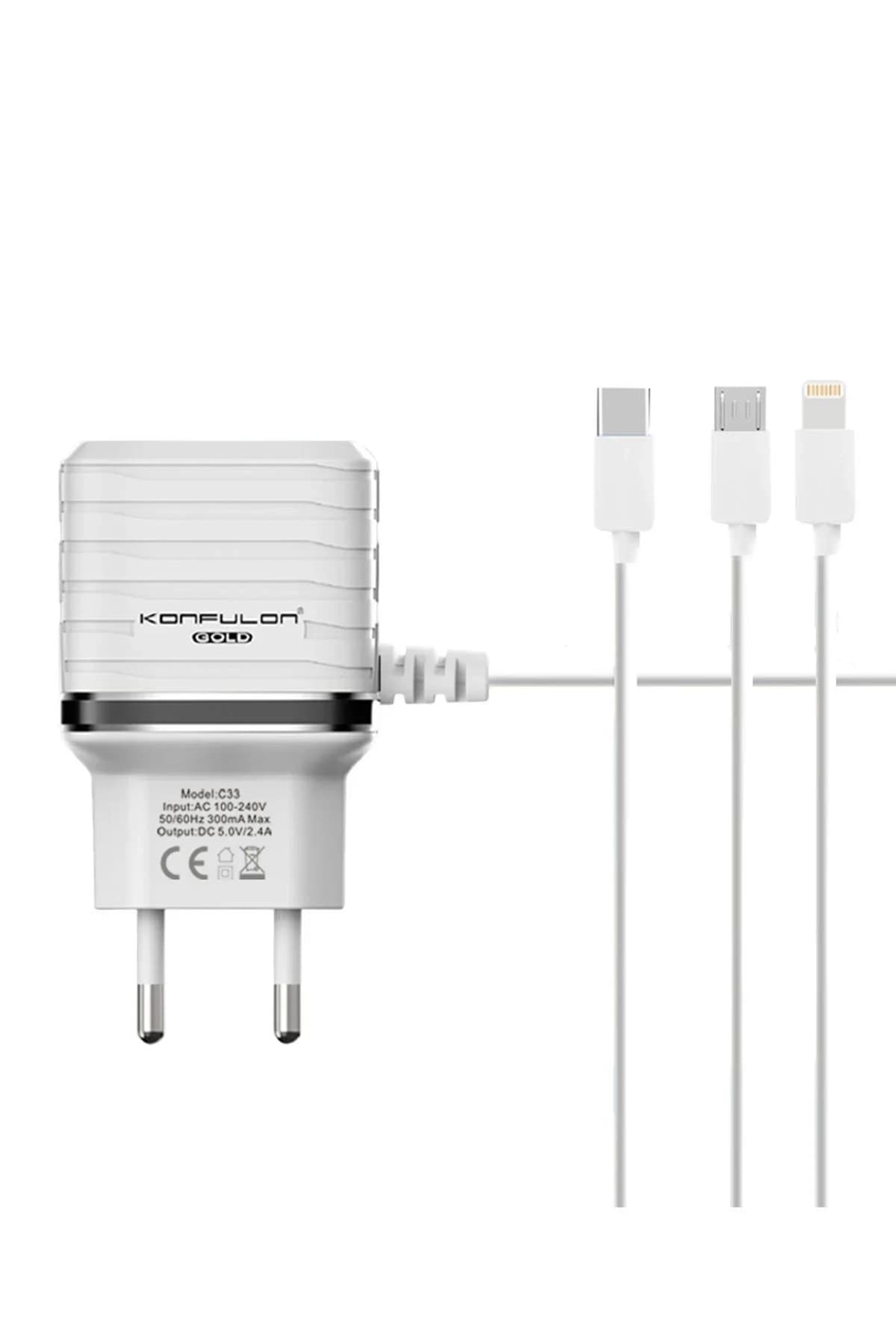 Konfulon C33 Hızlı Şarj Cihazı 3in1 (Dahili Lightning Kablo iphone Uyumlulu)