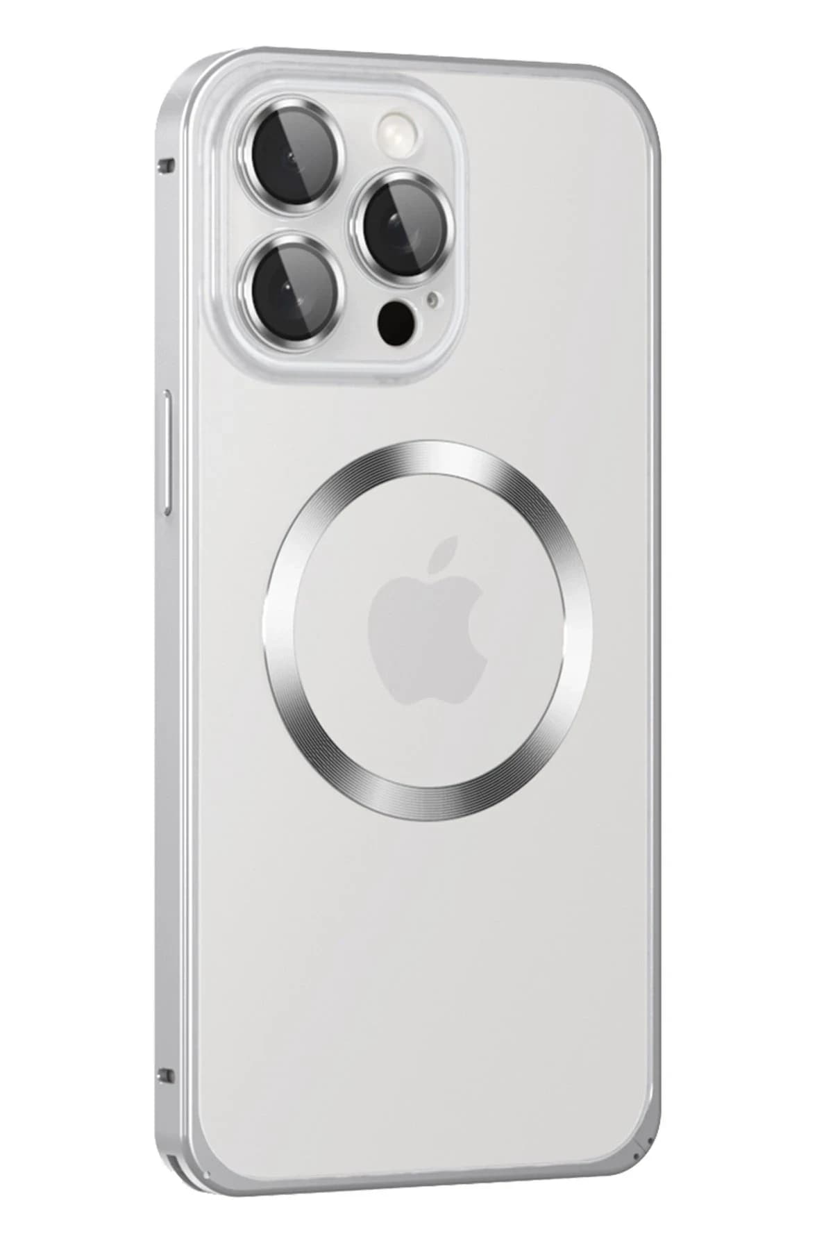 Joko Apple iPhone 15 Pro Max Kılıf Metal Bumper Magneticsafe Kapak - Gümüş