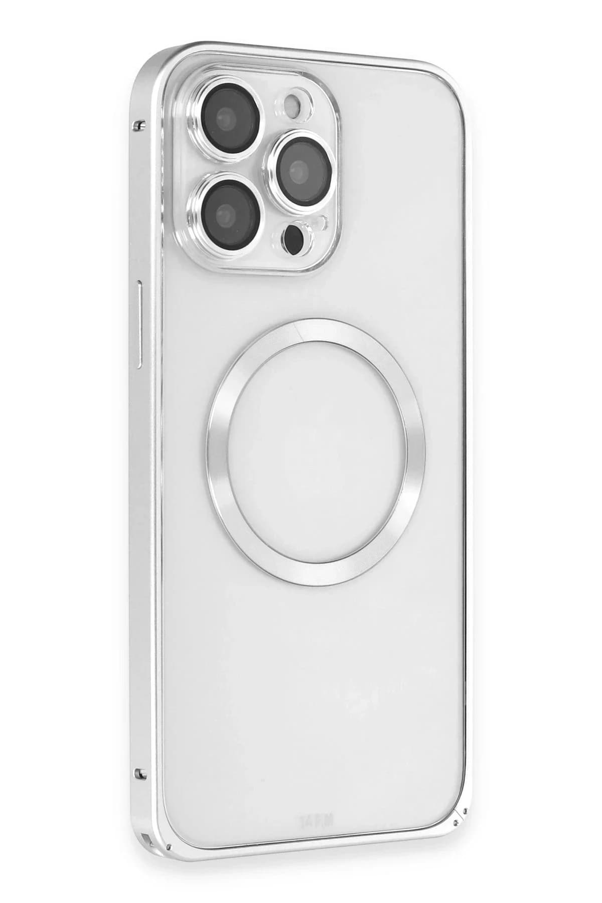 Joko Apple iPhone 14 Pro Max Kılıf Metal Bumper Magneticsafe Kapak - Gümüş